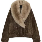 Women’s short-cut suede bomber jacket with luxurious fur collar Fashion Glam