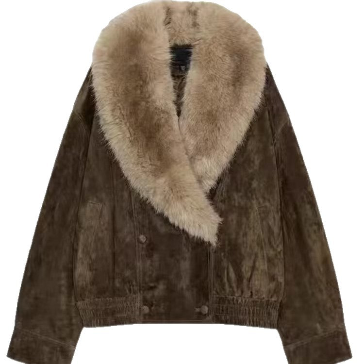 Women’s short-cut suede bomber jacket with luxurious fur collar Fashion Glam