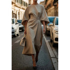 Ladies Elegant Midi Dress with Wide Kimono Sleeves and Fitted Wrap Waist Fashion Glam