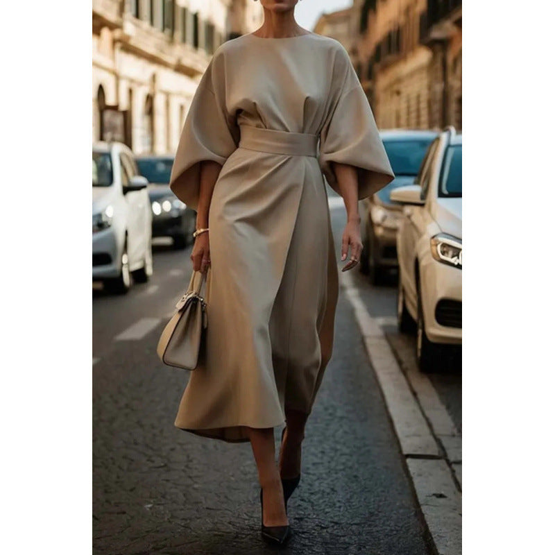 Ladies Elegant Midi Dress with Wide Kimono Sleeves and Fitted Wrap Waist Fashion Glam