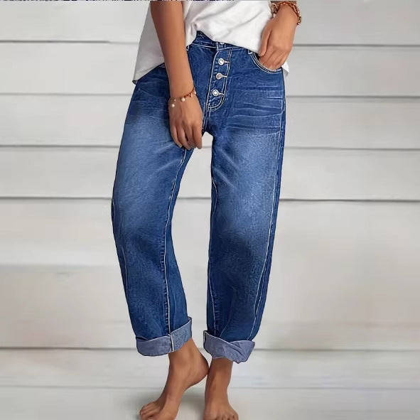 Ladies High-Waist Relaxed-Fit Jeans in Boyfriend Style with Visible Button Placket and Rolled Hem Fashion Glam