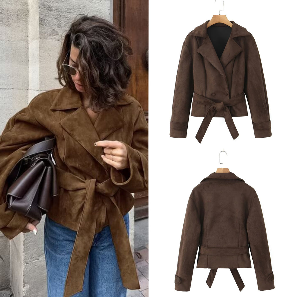 Women's Short Suede Look Jacket with Waist Belt and Lapel Collar Fashion Glam