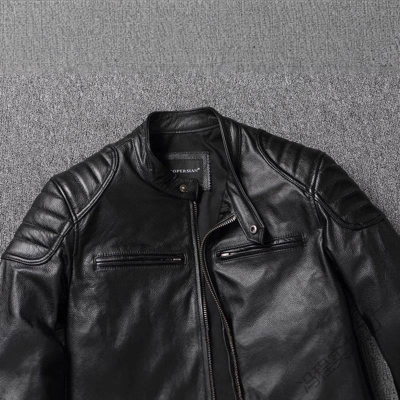 Men's leather jacket in vintage biker style with chest pockets and zipper Fashion Glam