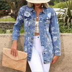 Women’s Longer Denim Jacket with Floral Allover Print, Chest Flap Pockets, and Casual Oversized Fit Fashion Glam