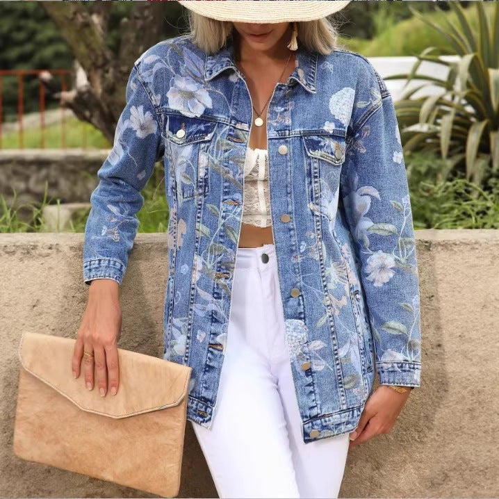 Women’s Longer Denim Jacket with Floral Allover Print, Chest Flap Pockets, and Casual Oversized Fit Fashion Glam