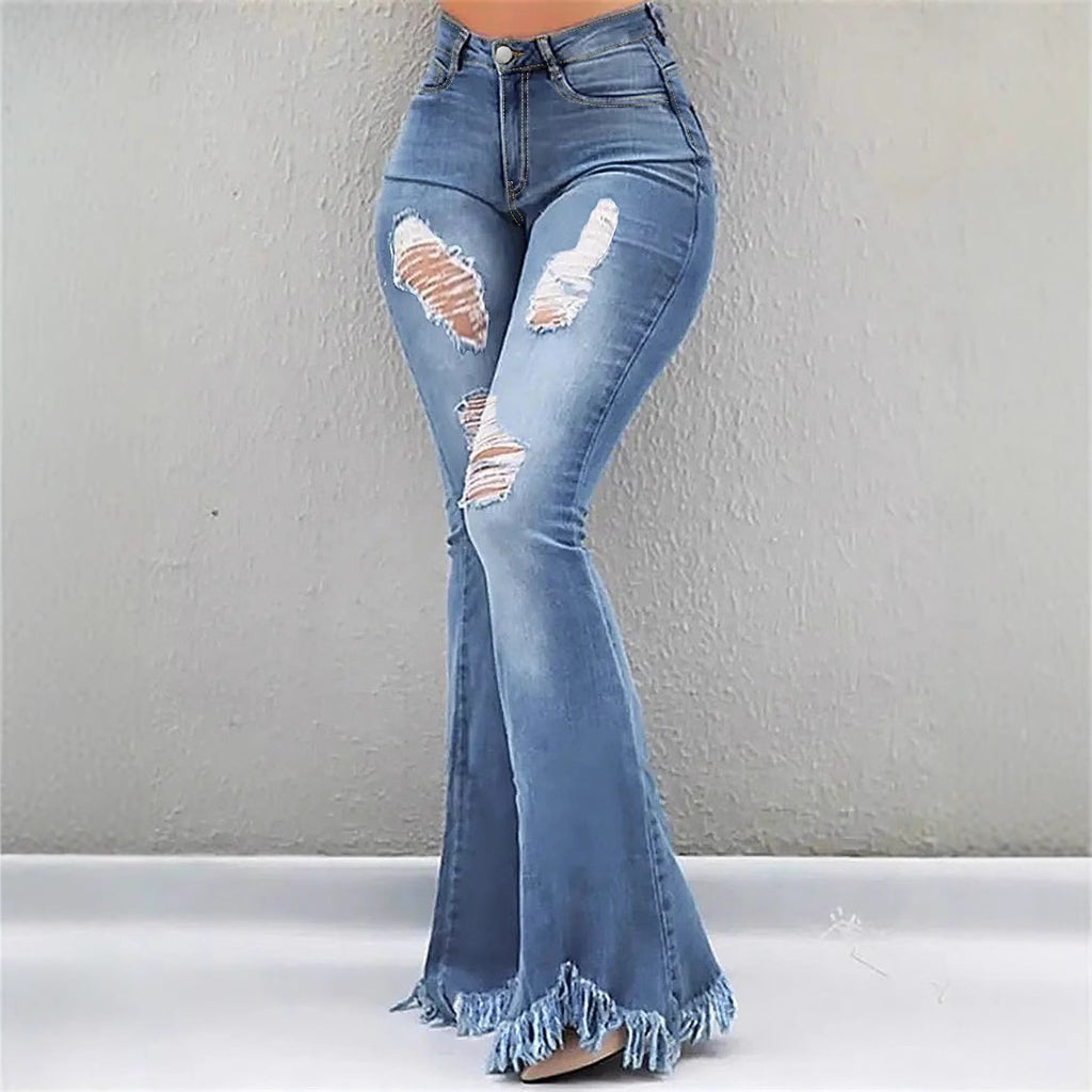 Women High-Waist Flared-Jeans with sculpting cut, destroyed knee parts and frayed ruffle hem Fashion Glam