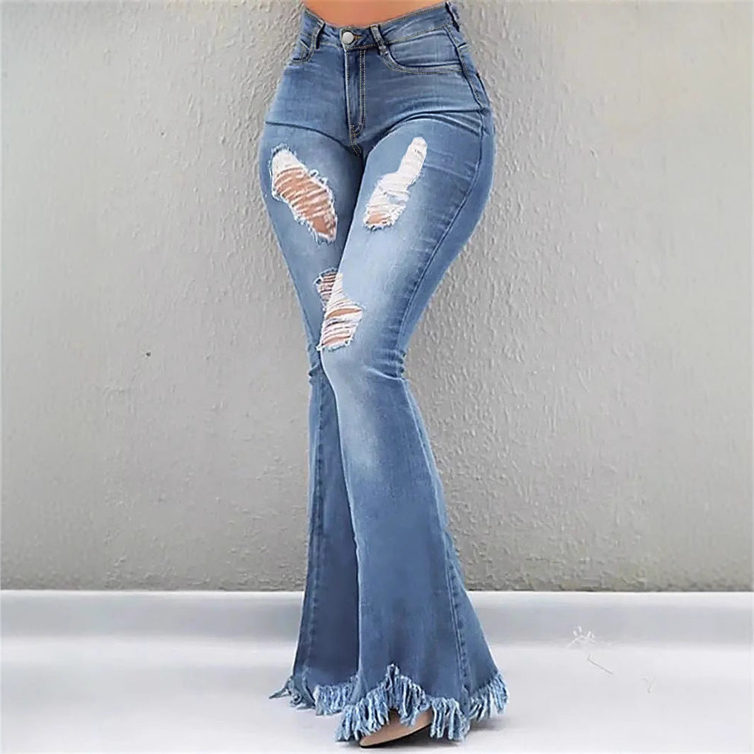 Women High-Waist Flared-Jeans with sculpting cut, destroyed knee parts and frayed ruffle hem Fashion Glam