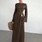 Ladies max dress with draping, decorative brooch and wide trumpet sleeves Fashion Glam