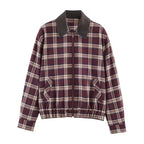 Women's Checked Blouson Jacket with Contrasting Leather Collar and Elastic Hem Fashion Glam