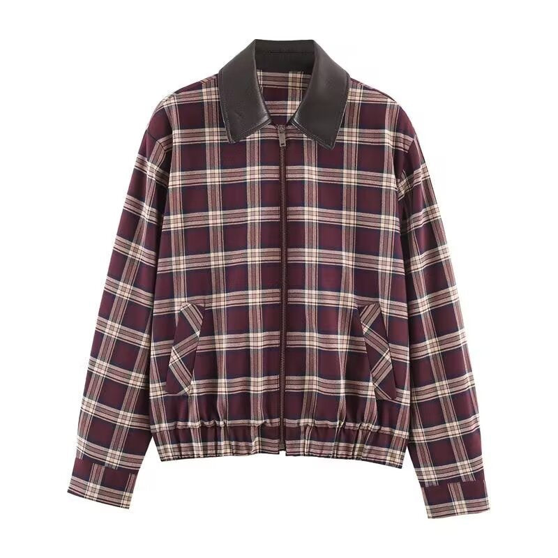 Women's Checked Blouson Jacket with Contrasting Leather Collar and Elastic Hem Fashion Glam
