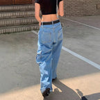 Women Extra Wide Baggy Jeans with Cargo Patches and Low Waist Fashion Glam