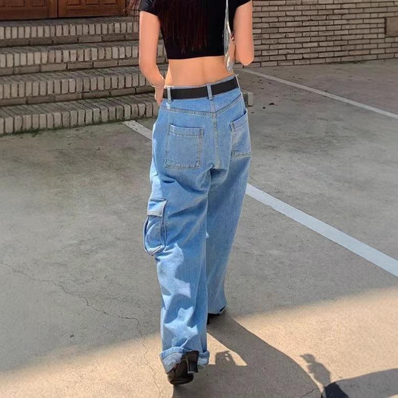 Women Extra Wide Baggy Jeans with Cargo Patches and Low Waist Fashion Glam