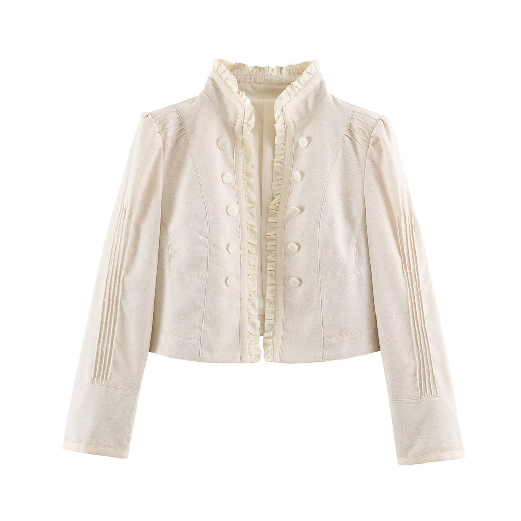 Women's Cropped Tailored Jacket with Stand-Up Collar Ruffle Trim and Decorative Buttons Fashion Glam