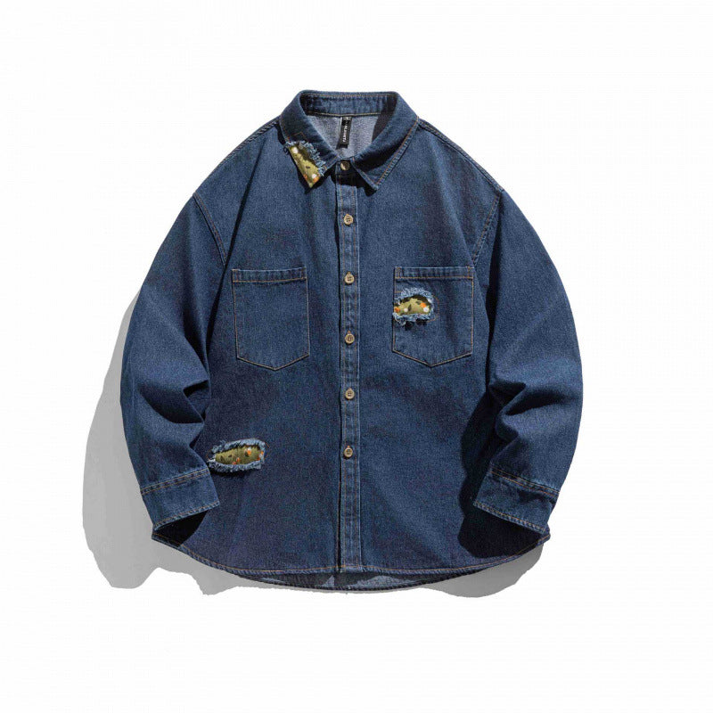 Unisex Boxy Denim Shirt Jacket with Decorative Destroy Applications and Oversized Silhouette Fashion Glam