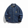 Unisex Boxy Denim Shirt Jacket with Decorative Destroy Applications and Oversized Silhouette Fashion Glam