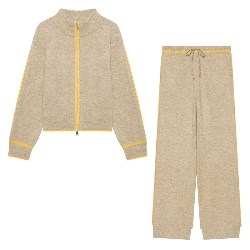 Women Two-Piece Knit Loungewear Set with Short Zip Cardigan and High Waist Palazzo Pants Fashion Glam