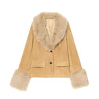 Women's short jacket made of faux suede with voluminous shawl collar and fur cuffs Fashion Glam