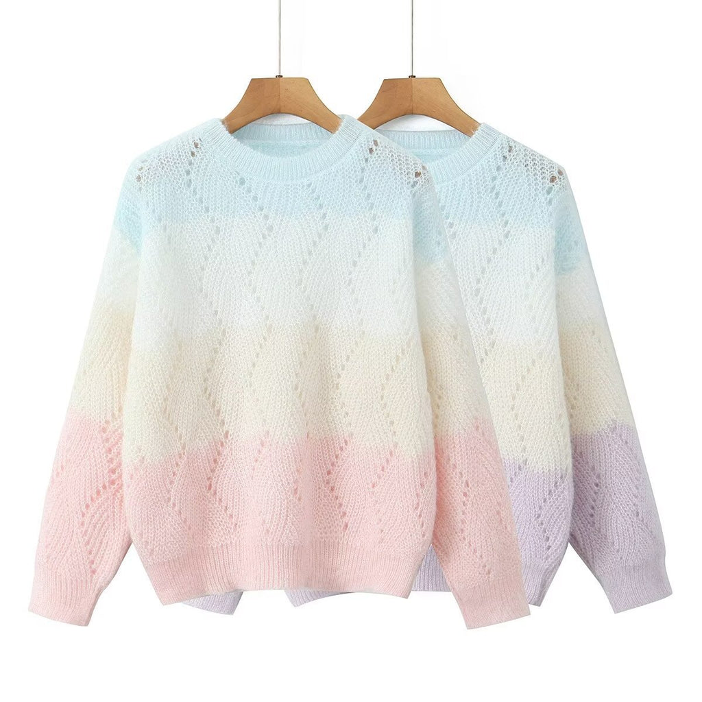 Women Ajour knitted oversized sweater with gradient and round neckline Fashion Glam