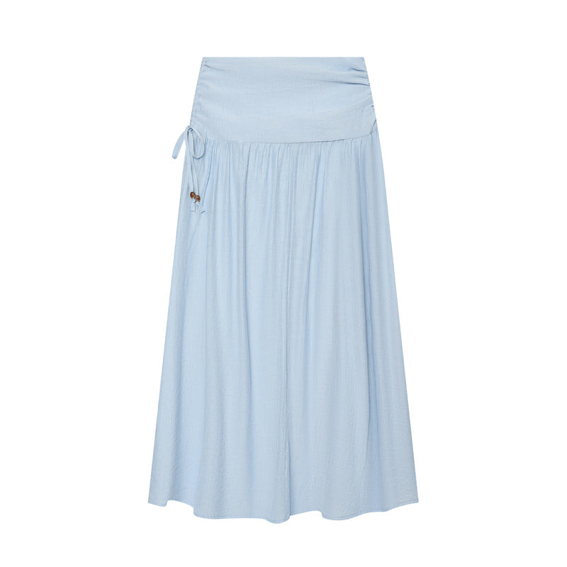Women Maxi Skirt with High Waist, Side Decorative Cord and Wide Pleated Fall Fashion Glam
