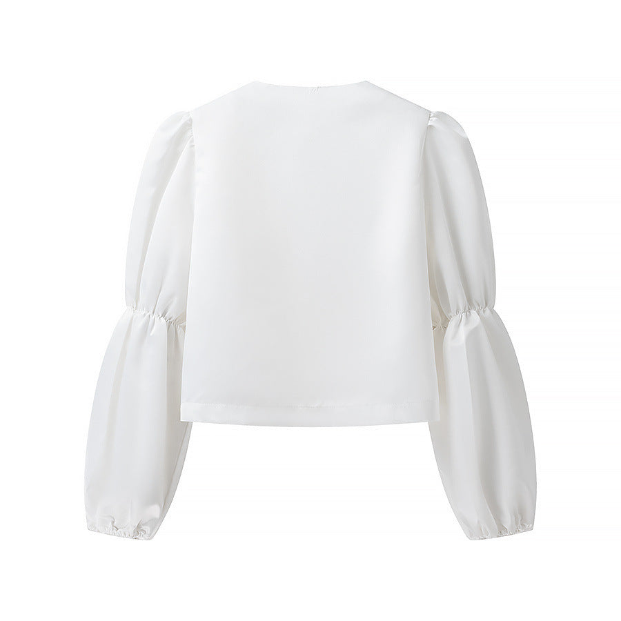 Ladies Glossy Satin Blouse with Voluminous Puff Sleeves Fashion Glam
