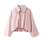Women's Cropped Bomber Jacket with Shirt Collar, Zipper and Gathered Hem Fashion Glam