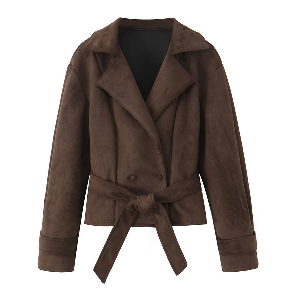 Women's Short Suede Look Jacket with Waist Belt and Lapel Collar Fashion Glam