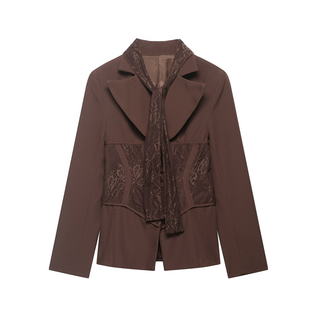 Women Tailored Blazer with Lace Inserts and Integrated Lace Scarf Fashion Glam