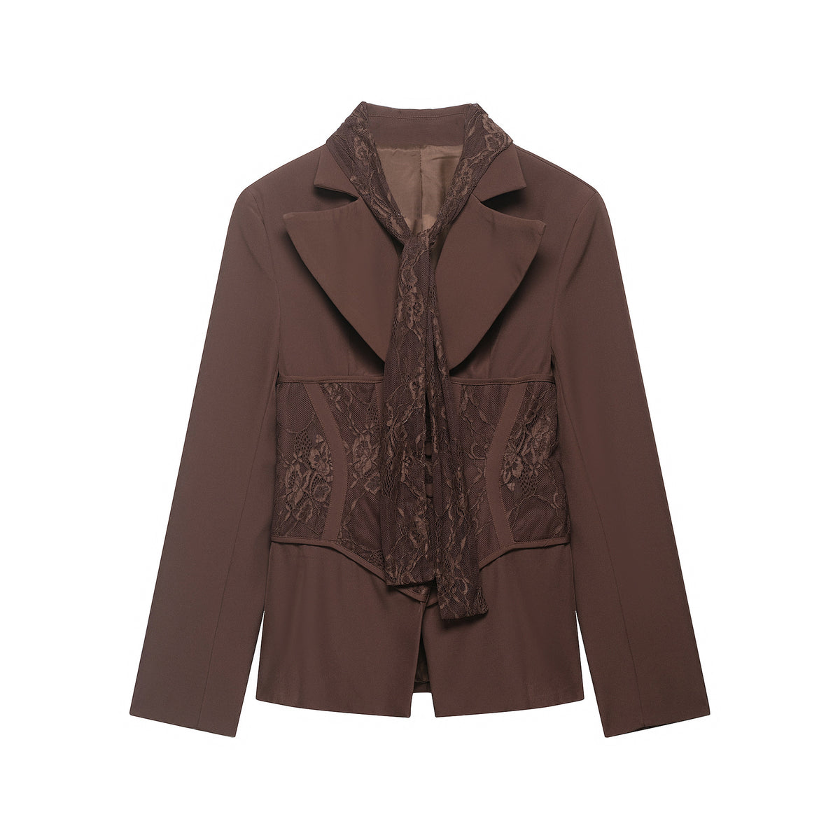 Women Tailored Blazer with Lace Inserts and Integrated Lace Scarf Fashion Glam