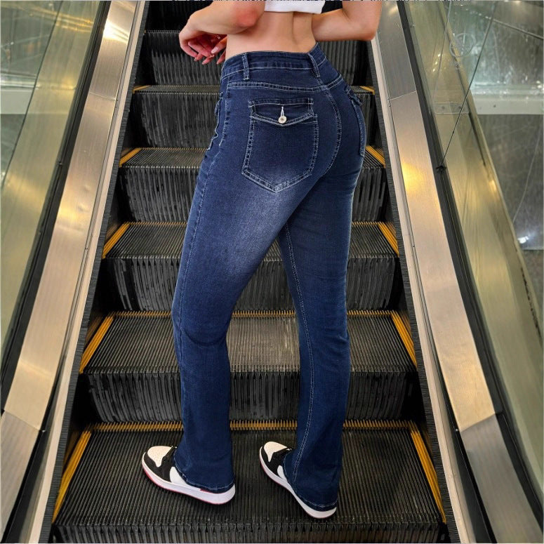 Women's High-Waisted Stretch Jeans with Light Flare and Decorative Pockets Fashion Glam