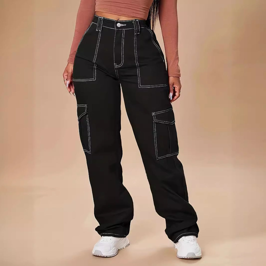 Women's utility cargo pants with wide leg, high waist and contrasting decorative seams Fashion Glam