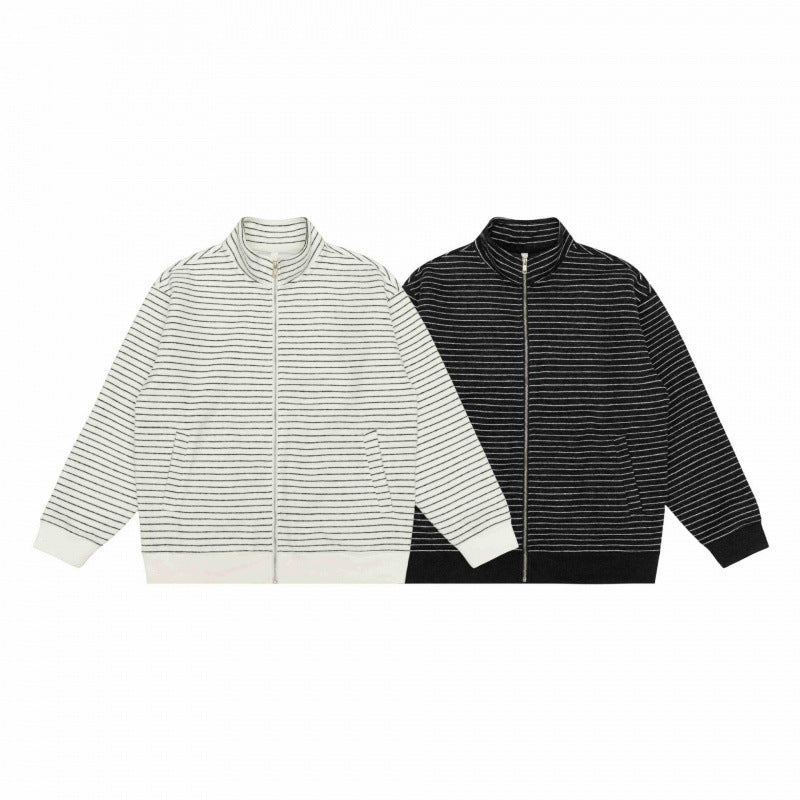 Unisex Striped Knit Zip Jacket with Stand-up Collar and Patch Pockets Fashion Glam