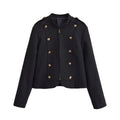 Ladies fitted short jacket in military style with decorative double-button placket, zipper, and shoulder epaulettes Fashion Glam