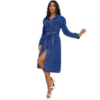 Ladies' midi dress made of denim with a waist belt and continuous button placket Fashion Glam