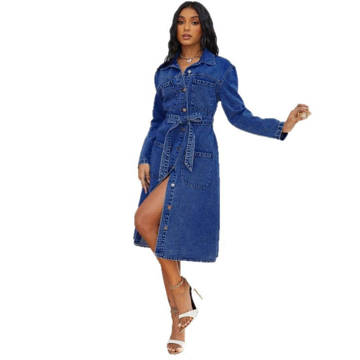 Ladies' midi dress made of denim with a waist belt and continuous button placket Fashion Glam