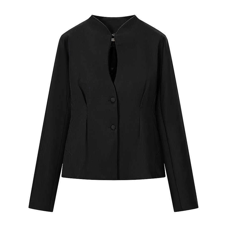Women's Tailored Short Jacket with Stand Collar, Slit Neckline and Princess Seams Fashion Glam