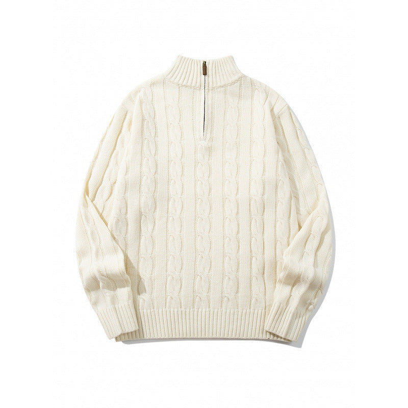 Unisex Coarse Knitted Half-Zip Cable Pattern Sweater with Stand-Up Collar and Ribbed Edges Fashion Glam