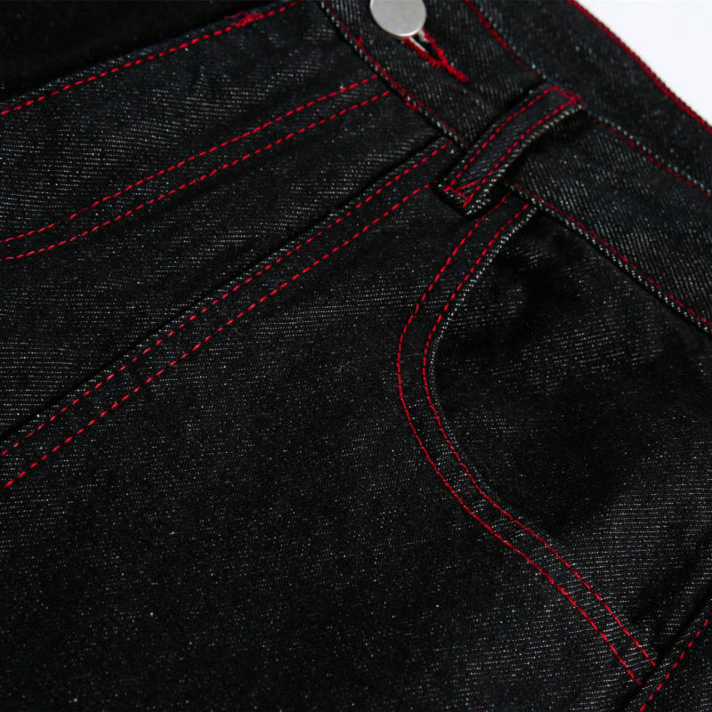 Women Wide High-Waist Denim Pants in Utility Look with Contrast Stitching Fashion Glam