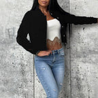 Women short-cut fitted denim jacket with full button placket and shirt collar Fashion Glam
