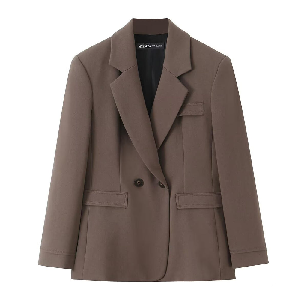 Women's Two-Piece Suit Set with Tailored Double-Breasted Blazer and High-Waisted Pleated Trousers Fashion Glam