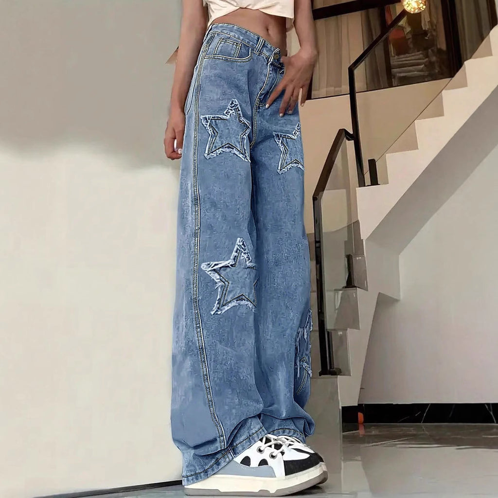 Women's extra-wide baggy jeans made of lightweight denim with star appliqués and extended silhouette Fashion Glam