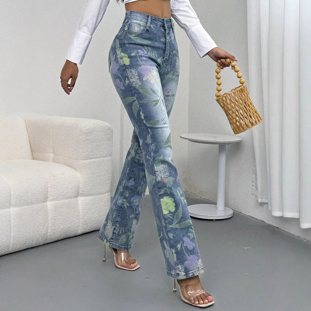 Women's High-Waisted Floral Print Denim Jeans in Light Flared-Straight Cut Fashion Glam
