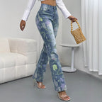 Women's High-Waisted Floral Print Denim Jeans in Light Flared-Straight Cut Fashion Glam