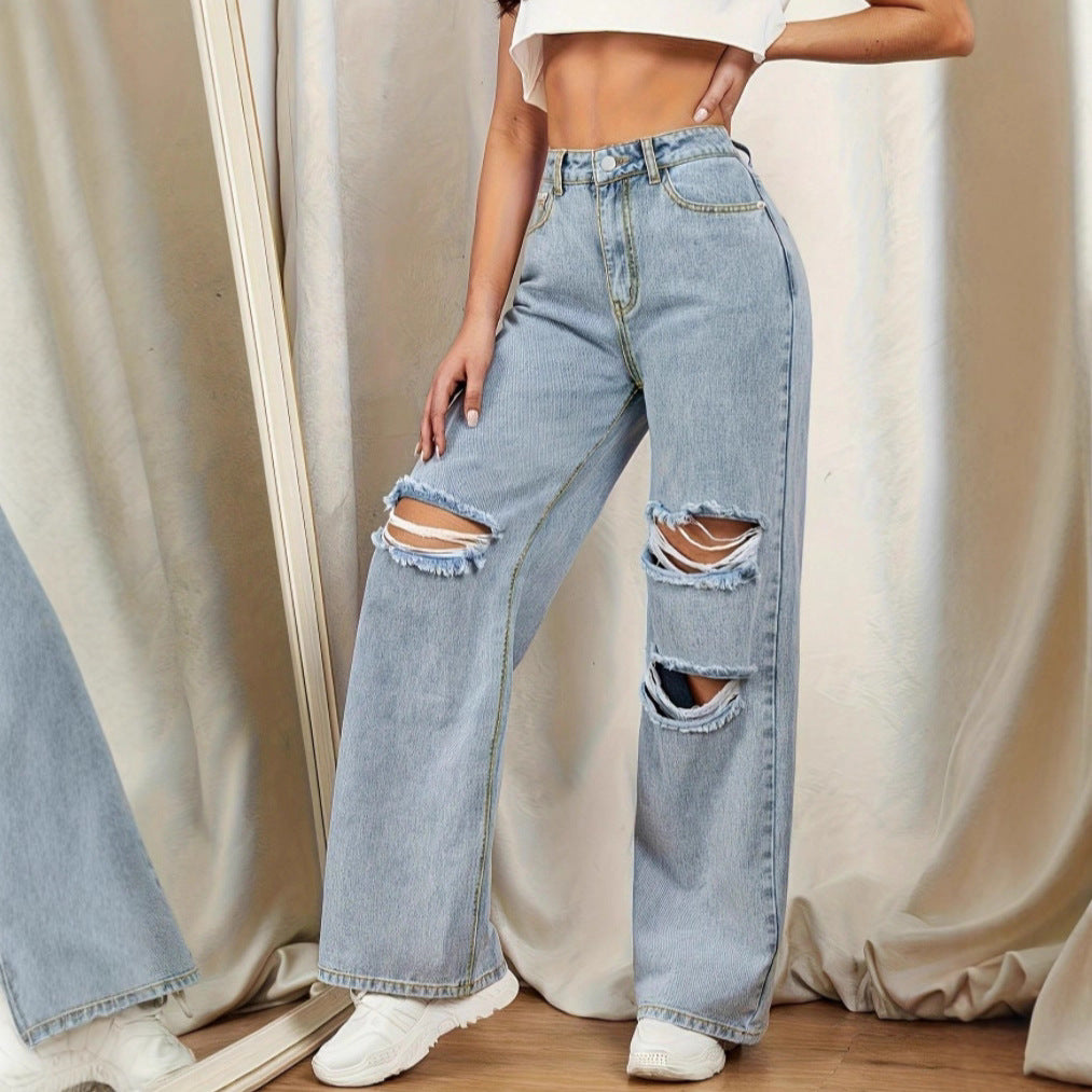 Ladies high-waisted baggy jeans in wide-leg with multi-level knee cutouts Fashion Glam