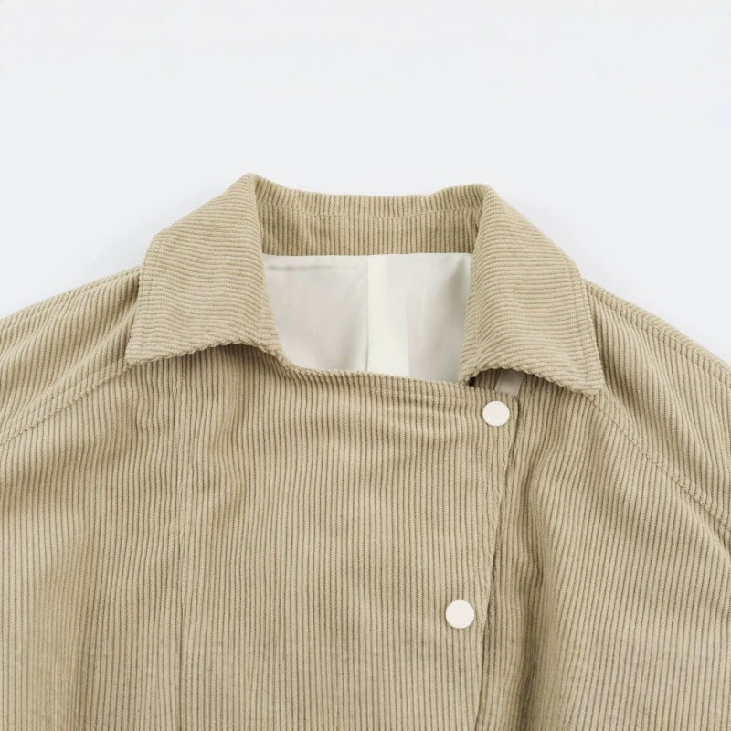 Women’s corduroy short jacket with fitted belt and snap button placket Fashion Glam