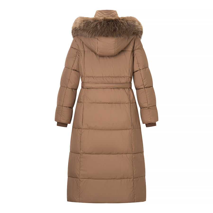 Women's Long Quilted Coat with Waist Belt, Hood and Faux Fur Trim Fashion Glam