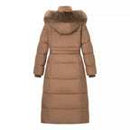 Women's Long Quilted Coat with Waist Belt, Hood and Faux Fur Trim Fashion Glam