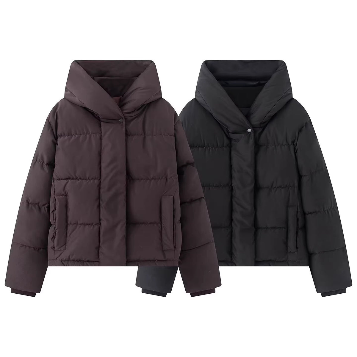 Women's short quilted puffer jacket with high stand-up collar and concealed button placket Fashion Glam