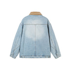 Men's Boxy Denim Jacket in Worker Style with Cord Collar and Front Zipper Fashion Glam