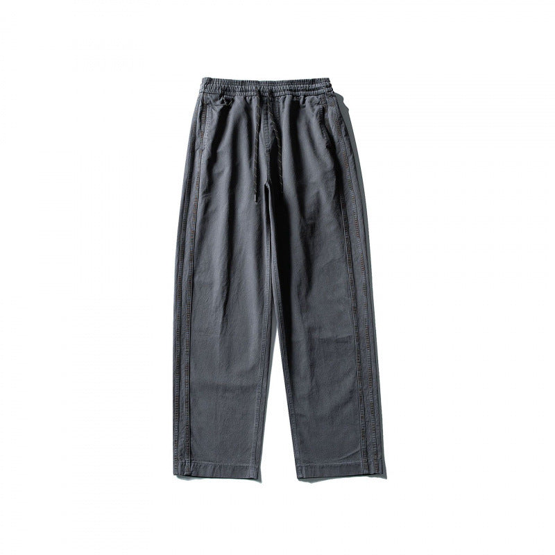 Men's Wide Straight-Leg Cotton Pants with Elastic Tunnel Drawstring and Decorative Side Seams Fashion Glam