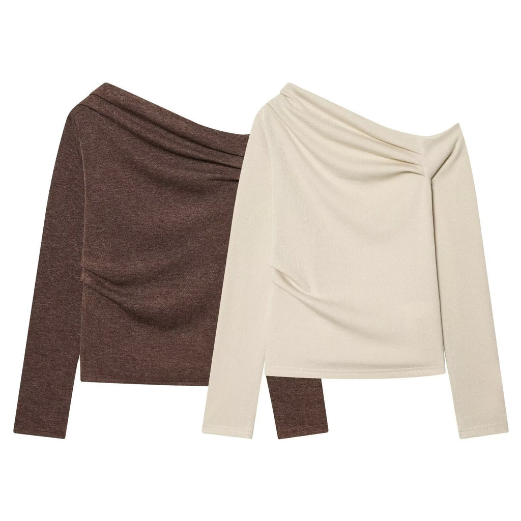 Women Off-Shoulder Fine Knit Long Sleeve with Draped Waterfall Collar Fashion Glam